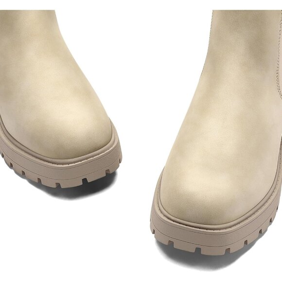 Women's Beige Chelsea Low Chunky Heel Slip On Lug Sole Elastic Ankle Booties - Picture 3 of 7